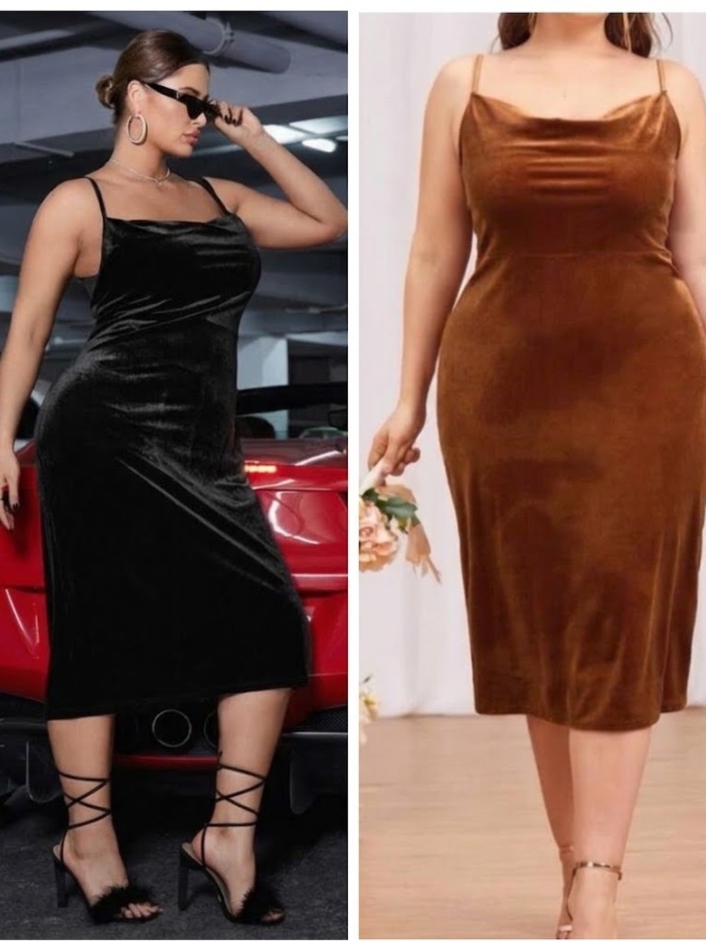 Bundle 2 - Stretch Velvet Midi Slip Dresses - Black, Rust